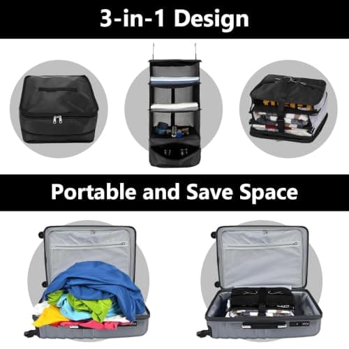 Jonuin Hanging Suitcase Organizer, 3-Shelf Instant Wardrobe with Metal Hooks, Portable Hanging Travel Shelves, Foldable Hanging Travel Storage Organiser for Clothes, Towels, Toys, Shoes (Black) — view 5