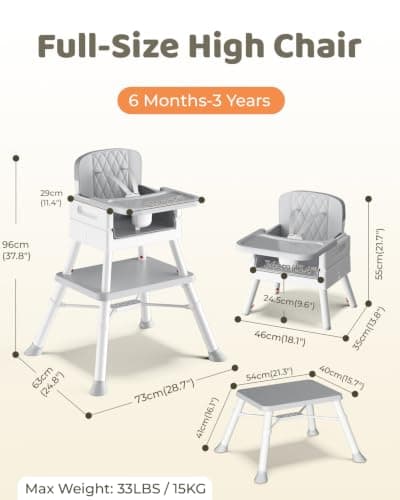 COOSEYA Baby High Chair, 6-in-1 Convertible Baby High Chair for Babies and Toddlers, Multi-Use Adjustable Feeding Chair with Removable Tray, 5-Point Safety Harness, Classic Grey (6 M-3 Y) — view 2