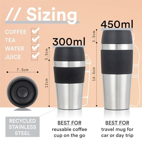 Moon 360° Travel Mugs - Leakproof Reusable Coffee Cup for Hot Drinks - Insulated Stainless Steel Thermal Mug, Fits Car Cup Holders (450ml, Recycled Metal/Black) — view 2
