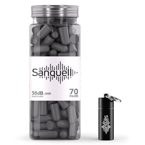 Sanquell Soft Disposable Foam Ear Plugs, 70 Pairs, SNR 38 dB Hearing Protection, Includes Aluminium Case, for Sleep, Travel, Work, and Study - Grey