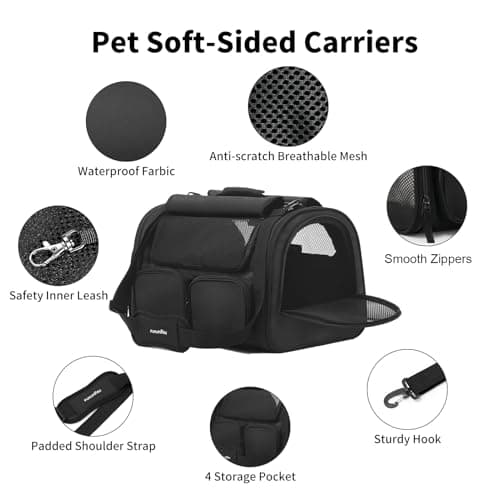 FUKUMARU Cat Carrier, 4 Mesh Windows Small Dog Carrier, 4 Storage Pockets Cat Travel Bag, Under 6.8 Kg Airline Approved Pet Carrier, Rollable Cover for Nervous Cats, Black — view 3