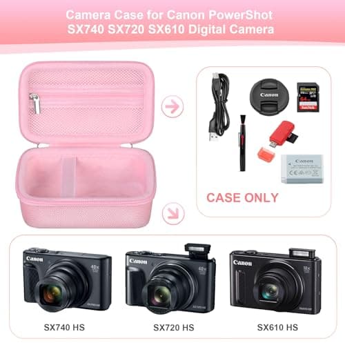 RAIALL Camera Case for Canon PowerShot SX740/ SX730/ SX720/ SX710/ SX620/ SX610 HS Digital Camera, SX740/ SX730 Vlogging Camera Travel Hard Bag, Mesh Pocket for Battery, SD Card and Cable, Pink — view 3