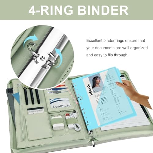 Leathario Portfolio Folder A4, Vegan Leather Conference Folder with Handle, 4-Ring Travel Document Holder with 5 5-Part File Dividers, Multi-Pocket Document Folder Organiser, Office Supplies — view 5