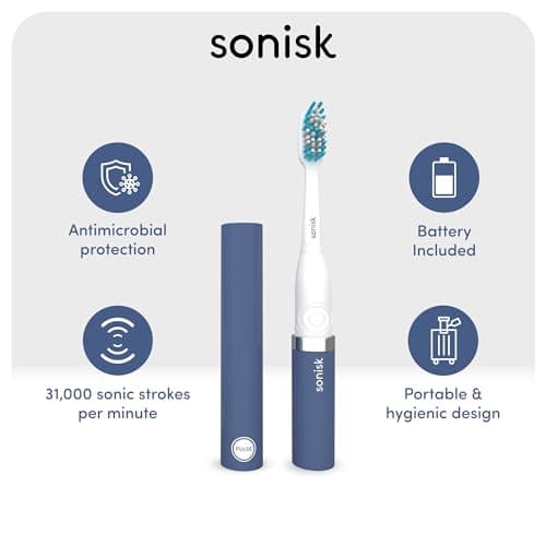 Sonisk Pulse | Battery Powered Electric Toothbrush | Portable Travel Size with Antimicrobial Sonic Technology | 1x Battery, 2X Brush Heads, 1x Travel Case Included (Steel Blue) — view 3