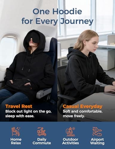 Relexit Travel Hoodie with Eye Mask Built In Sweatshirt for Airplane Sleep and Long Trips, Soft Comfy Pullover, Black, Medium — view 6