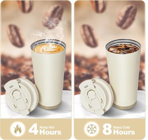 Coffee Cup Travel Mug 530ml, Insulated Coffee Cup with Leakproof Lid, Double-Wall Coffee Mug, Reusable Coffee Cups with Flip Straw, Vacuum Stainless Steel Thermal Mug for Hot and Cold Drinks (White) — view 4