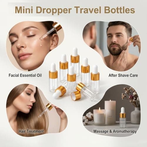 Guline 3ml Mini Dropper Bottles for Travel, 10 Pack Mini Glass Pipette Dropper Bottle with Gold Cap, Empty Refillable Sample Containers for Essential Oils Perfume and Cuticle Oil — view 6
