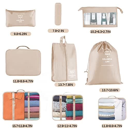 Jsdoin Packing Cubes for Suitcase,9 PCS Travel Luggage Packing Cubes for Backpack, Waterproof Essentials Suitcase Organiser Bags, Travel Accessories (Beige) — view 4