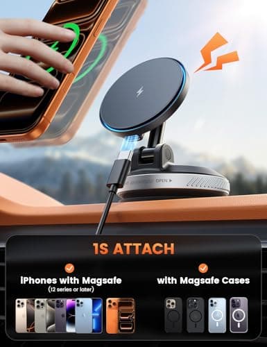 Lamicall for MagSafe Car Mount Charger, 15W Magnetic Wireless Car Charger, 70 Lbs Vacuum Suction Cup Phone Mount 360° Adjustable with Dual USB-C Ports, for iPhone 17 Pro Max 16 15 14 13 12 - Sliver — view 4