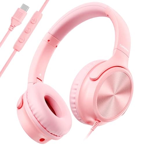Cowyawn USB C Headphones Wired, Over Ear Headphones with Microphone, Volume Control, HD Stereo Sound, Foldable Lightweight Headphones for Adult/Teens/Chromebooks/Laptop/Computer/Tablets/Travel (Pink)