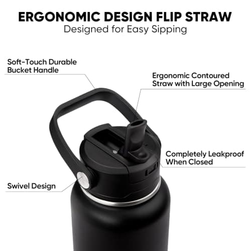CIVAGO Insulated Stainless Steel Water Bottle with Detachable Straw, 950ml Metal Sports Drink Bottle with Bucket Handle, Leakproof Large Flask with Silicone Boot for Gym, Dishwasher Safe, Navy — view 2