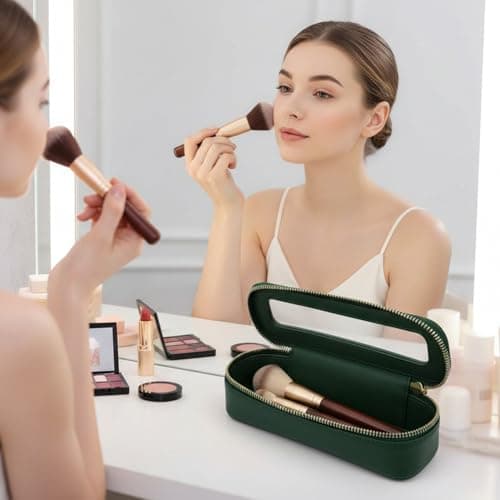 Portable Makeup Brush Bag Waterproof Leather Clear Cosmetic Case, Silm Toiletry Organizer for Brushes & Essentials (Green, 7.5x2.4x2.4 Inch) — view 2