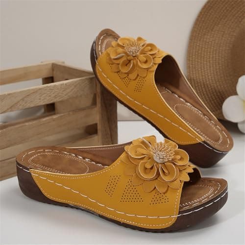 YIzdegg Women's Summer Elegant Arch Support Mules Orthopaedic Summer Sandals Open Cap Sandals Leather Vintage Sandals Summer Shoes Outdoor Leisure Shoes, yellow, 5 UK — view 5