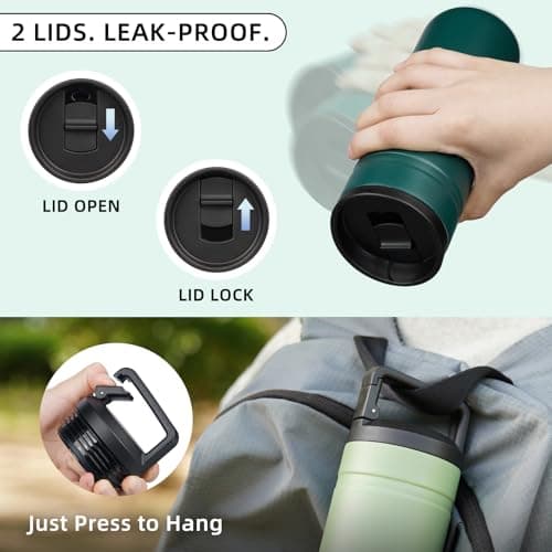 BJPKPK Insulated Water Bottle with 2 Lids,600ml Double Wall Stainless Steel Vacuum Tumbler Travel Coffee Mug,Wide Mouth Thermal Cup,Dark Green — view 6
