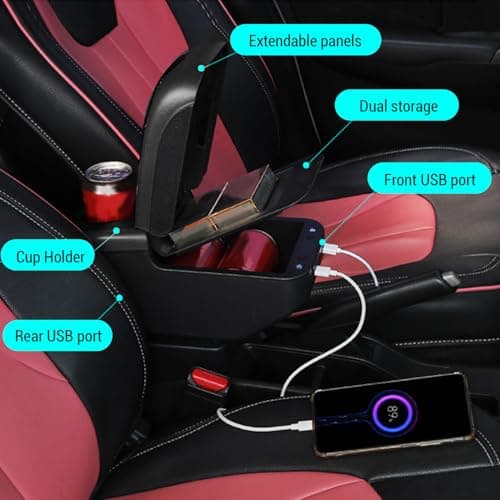 Ausla Car Central Storage Organizer, Sliding Armrest 6 USB Ports (Black) — view 3