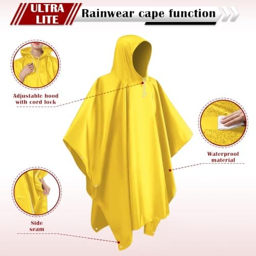 CHGANG Waterproof Poncho Adult, Reusable Rain Poncho Lightweight Waterproof Raincoat Emergency with Hood for Outdoor Hiking Camping Cycling Traveling (Yellow) — view 3