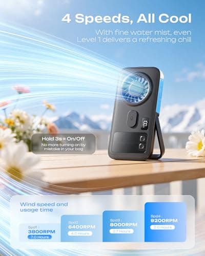 Otlonpe Mini Handheld Portable Mist Fan, Small Rechargeable Handheld Fan with Water Mist Spray, 4 Speeds, LED Display, Foldable Stand, Mini Personal Misting Cooling Fans for Travel — view 2