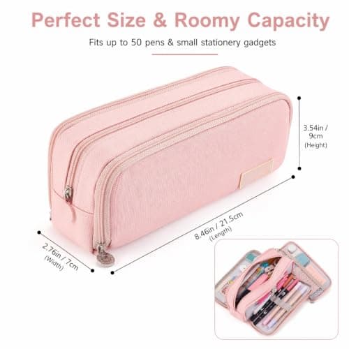 Large Capacity Pencil Case 3 Compartment Pouch Pen Bag for School, Pink — view 5
