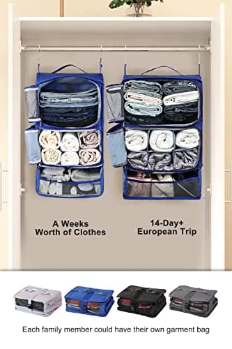 ELEZAY Hanging Packing Cubes Portable Closet 3-Shelf Travel Collapsible Compression Garment Organiser for Carry-on Luggage Suitcase Space Saver Bag XX-Large_No Side Pockets, Blue — view 6