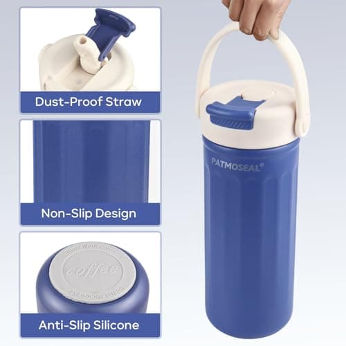 PATMOSEAL 500ml Thermo Flask for Hot & Cold Drinks - Vacuum Thermal Flask Drinking Bottle with Straw Lid & Strap Handle - Insulated Travel Small Water Flask Stainless Steel (Blue) — view 5