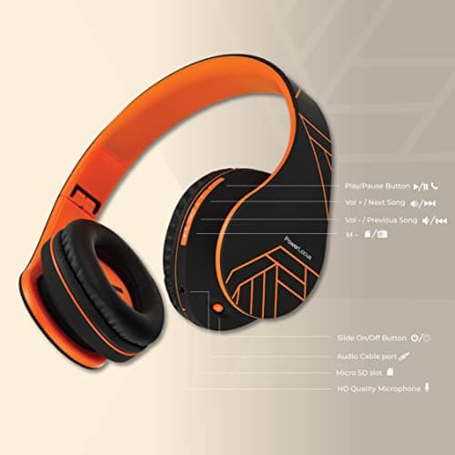 PowerLocus Bluetooth Over-Ear Headphones, Wireless Stereo Foldable Headphones Wireless and Wired Headsets with Built-in Mic, Micro SD/TF, FM for iPhone/Samsung/iPad/PC - Black/Orange — view 6