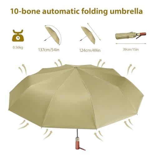 Pdyay 10 Ribs Folding Umbrellas Portable Windproof Waterproof Compact Umbrella with Auto Open and Close for Travel Outdoor Golfing Camping (Khaki) — view 2