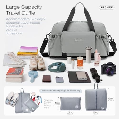 SPAHER Large Travel Duffle Weekend Bags Foldable Cabin Bag 55x40x23 Lufthansa Wizzair with Wet Pocket for Gym Overnight Women Men Waterproof Carry on Underseat Hand Luggage with 2 Toiletry Bag — view 3