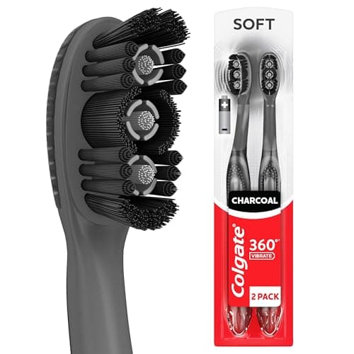 Colgate 360 Vibrate Charcoal Battery Operated Toothbrush Pack, Disposable Electric Toothbrushes with 1 AAA Battery Included, Whole Mouth Clean, 2 Pack, Black