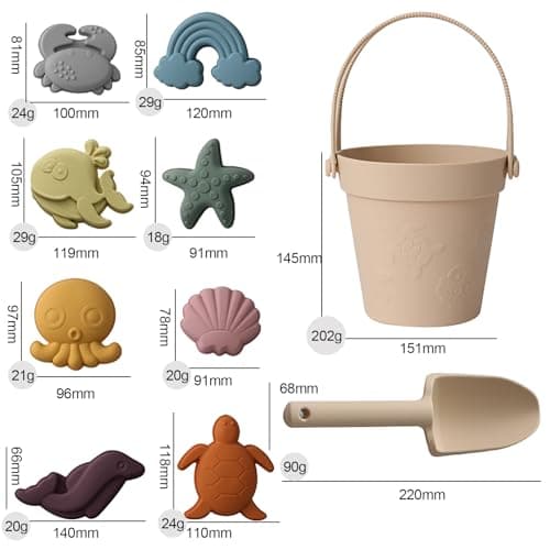 Dynaeuty 10Pcs Silicone Beach Toys for Toddlers 1-3,Travel Sand Toys Set for Kids, Collapsible Bucket & Shovel with Sand Molds, Quick-Dry Bath Toys, Summer Beach Essentials for Baby Girls Boys(Beige) — view 2