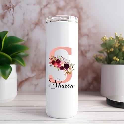 EKAM Personalised Floral Tumbler Stylish Initial with Name - Travel Coffee Mug, 20oz Stainless Steel Tumbler Cup with Straw and Lid, Custom Cup Gift for Christmas Day, Birthday, Any Occasion — view 2