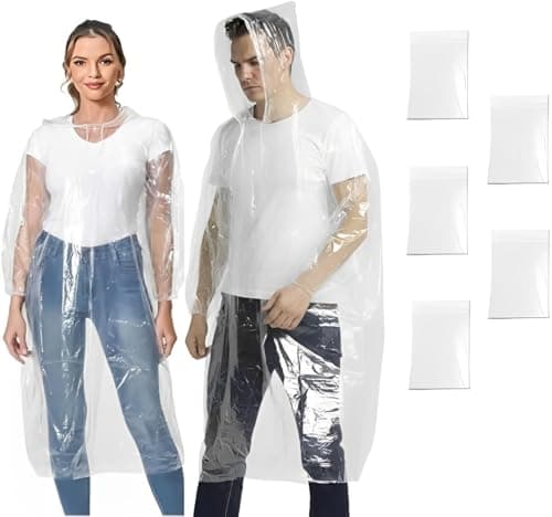 Rain Ponchos Disposable Adults, 5 Pcs Waterproof Poncho Clear Family Pack Raincoats with Hood Sleeves for Disney Travel, Emergency, Outdoors