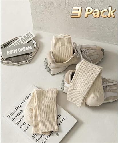 Iordan 3 Pairs Slouch Socks for Women Beige Cotton Cute Knit Aesthetic Crew Socks Breathable Soft running Long Tube Socks (Beige,One Size) — view 6