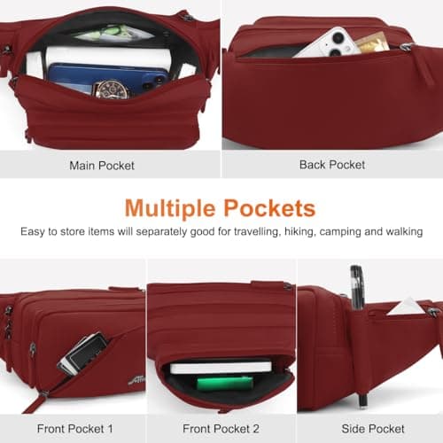 REETEE Bum Bag Fanny Pack Men Women Water Resistant Waist Packs Sports Waist Bag with Bottle Holder, Walking Waist Pack Bumbag with Adjustable Belt for Running Travel Cycling Outdoor Sport (Wine Red) — view 4