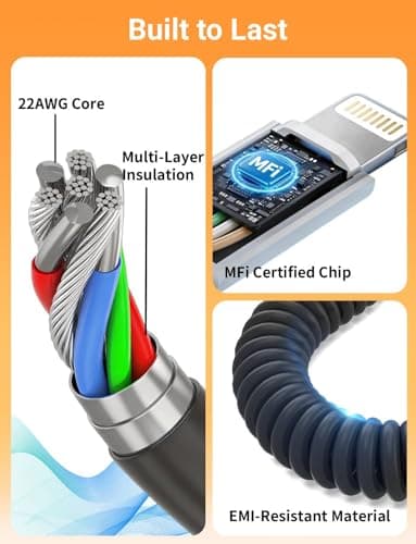 USB to Lightning Coiled Cable for Car, Tangle-Free [MFi Certified] Short IPhone Lightning Retractable Lead, Cord, Fast Charge for Apple iPhone 14 13 12 11 Pro Max XS XR X 8 Plus, iPad (1Pack, 30CM-1M) — view 6