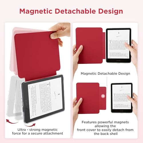 Litvana Detachable Magnetic Case for 7'' Kindle Paperwhite 12th Gen 2024 and Kindle Colorsoft Signature Edition, Slim PU Shell Cover Case with Auto Wake/Sleep, Red — view 3