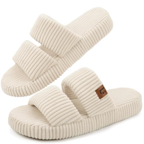 LongBay Women's Memory Foam Open Toe Slippers Lightweight Bedroom Comfy Indoor House Shoes Beige, 7-8