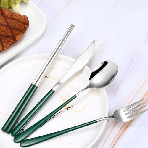 VANRA 4-Piece Portable Travel Utensils Set with Case 18/8 Stainless Steel Flatware Set Reusable Cutlery Set with Fork Spoon Knife Chopstick for Lunch Travel Camping School Work Picnic (Deep Green) — view 5