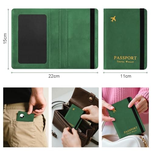 AOOSU Airtag Wallet Passport Holder Cover, PU Leather Passport Cover with RFID Blocking Travel Wallet, Portable Universal Travel Wallets Case Organiser for Money, Boarding Passes, Credit Cards Green — view 2