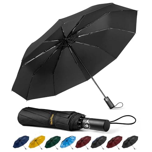 TechRise Umbrella Compact Windproof Travel Umbrellas: Easy Auto Open Close, Strong Fiberglass Frame, Durable Folding Lightweight Portable Automatic Backpack Umbrella for Men and Women, 10 Ribs