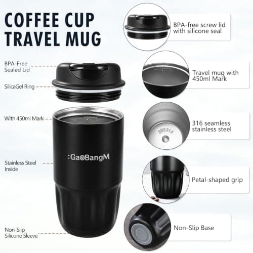 : GaoBangM 450ml Travel Mug, Insulated Coffee Cup with Leakproof Lid, Black — view 2