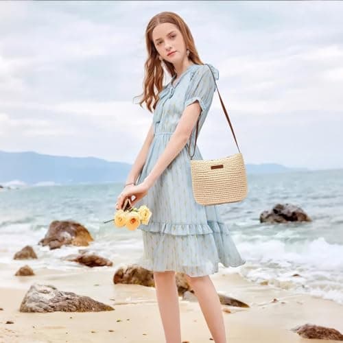 Businey Straw Bag for Women, Summer Straw Beach Crossbody Bags for Women with Zipper Adjustable Strap, Bohemian Weave Handmade Shoulder Handbags for Holiday Beach Travel — view 2