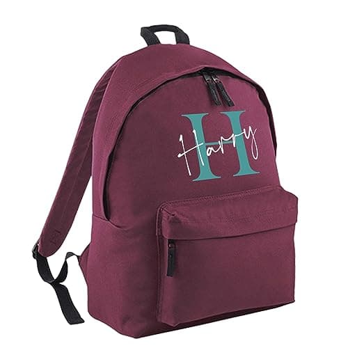 Print Maniacs Personalised Any Name Large 18L Kids Travel Backpack Junior Shoulder Collage Rucksack School Lunch Swimming P.E Laptop Book Bag (Burgundy, Teal/White)