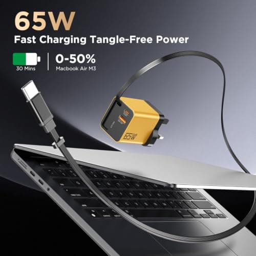 65W GaN USB C Charger 3-Port with Retractable 0.7m Cable(Yellow) — view 3