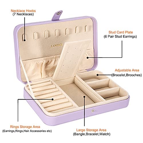 LANDICI Jewellery Box Small Jewellery Organiser for Women Girls, PU Leather Travel Jewellery Storage Case, Portable Jewellery Holder for Ring Earrings Necklace Bracelet, Jewellery Gift Box,Lavender — view 2