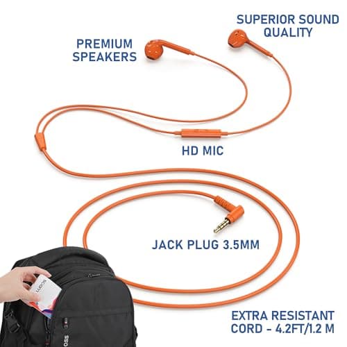 Ludos ZENITH Wired Earbuds in-Ear Headphones, 2 Year Warranty, Earphones with Microphone, Corded for 3.5mm Jack Ear Buds for iPhone, Samsung, Computer, Laptop, Kids, School Students, Woman - Orange — view 2