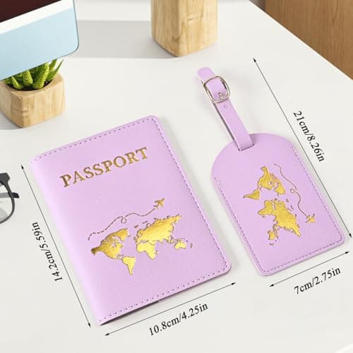 ZDNT 4 Pcs Passport Cover and Luggage Tag,Passport Holder,Passport Cover Luggage Tag Set,PU Leather Passport Holder Travel Wallet Case Organiser for Passport Credit Card Business ((Blue,Purple)) — view 2