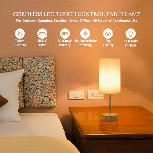 YOIZO Cordless Table Lamp 5000mAh Rechargeable | Battery Operated Lamps with Brightness Memory, Stepless Dimmable, Portable Touch Control Bedside Lamp for Home/Bedroom/Indoor-Outdoor (Wood) — view 2