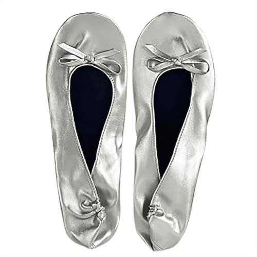 Momolaa UK 4.5 Ladies Roll up Shoesportable Travel Ballet Flat Fold up Pumps After Party Shoes Slipper (with Carrier Pouch) A0_Clearance Silver — view 2