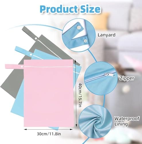 GOEDEKE 3 PCS Wet Bags, Reusable Cloth Diaper Bags with Handle and Zipper, 40 x 30 cm Wet Bags for Swimming Travel, Washable Wet Dry Bag for Travel, Beach, Camping, Swimming, Gym (Grey, Blue, Pink) — view 2