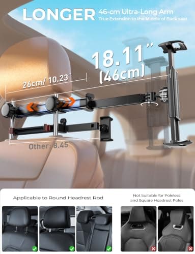 TRYONE Headrest Tablet Holder for Car Accessories : [18.11-inch Long Arm] 3-in-1 Backseat Tablet Holder for Kids Road Trip Compatible with iPad Switch Smartphones & Tablets or Other 4.7-13" Devices — view 3